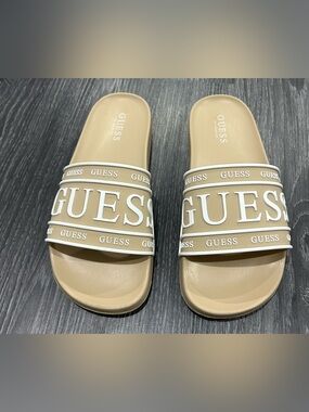 Guess Tan and White Logo Slide Sandals